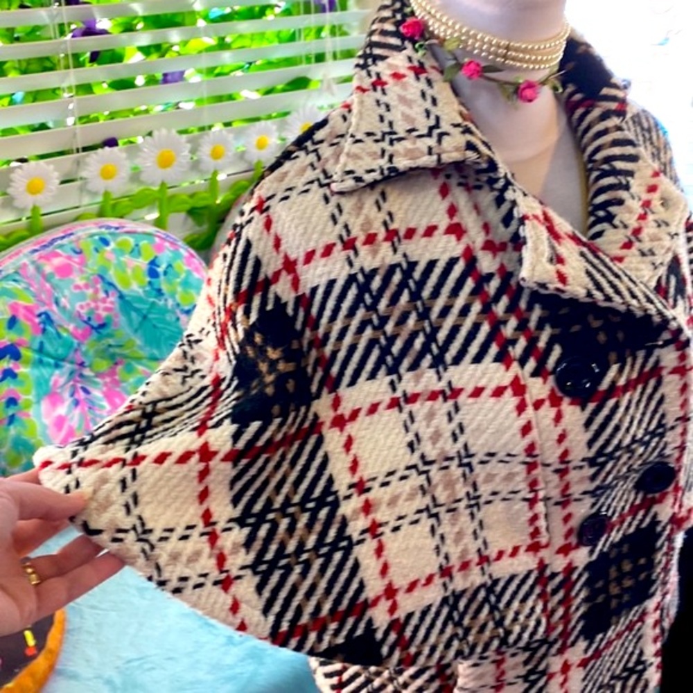Classic cream, black and red woven plaid, double breasted cape style coat - Picture 1 of 8